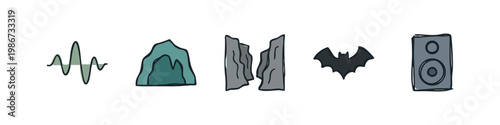Acoustics and Sound Wave Echo Icons with Bat and Cave