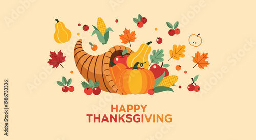 Happy Thanksgiving Cornucopia with Autumn Harvest Vegetables and Fruits.