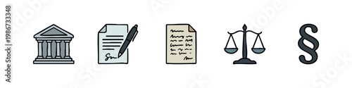 Law and Government Icons with Courthouse Scales and Paragraph Symbol