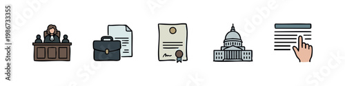Judicial and Government Building Icons with Judge and Briefcase