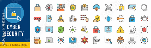cyber security icons set, protection symbols, internet safety