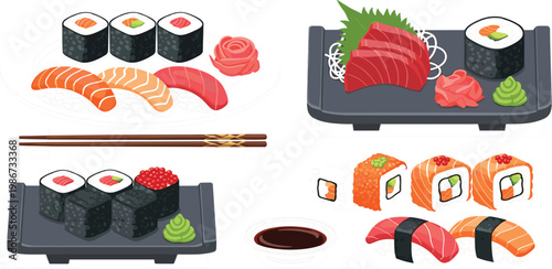 Sushi and Sashimi Set with Nigiri Rolls Wasabi Ginger and Chopsticks Japanese Food Collection for Restaurant Menu Vector Illustration