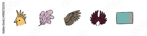 Bird and Wing Icons with Cockatoo and Decorative Feathers