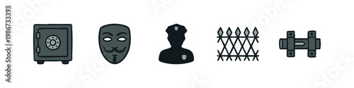Cybersecurity and Physical Safety Icons with Safe Mask and Police