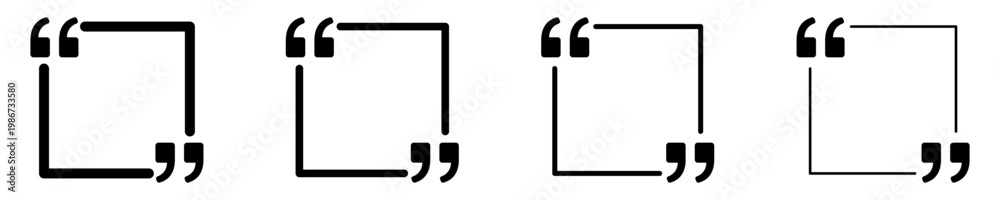 Fototapeta premium Set of linear quote frame icons with different stroke weights. Minimalist templates for testimonials and text blocks. Vector illustration.