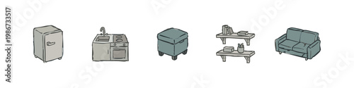 Compact furniture and tiny home appliances icons