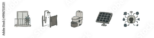 Off-grid living and sustainable home icons hand drawn