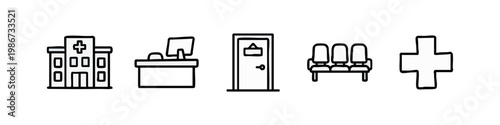 Medical center and healthcare facility linear icon set