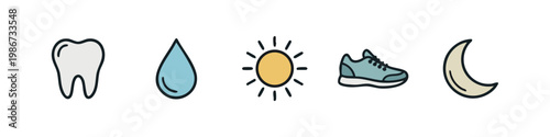 Health and Lifestyle Icons: Tooth, Water Drop, Sun, Sneaker, Moon