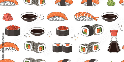 Sushi Seamless Pattern with Salmon Nigiri Rolls Soy Sauce and Japanese Food Elements Repeating Background Design for Textile Packaging and Wallpaper