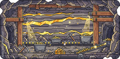 Underground Gold Mine Interior with Conveyor System Mining Carts and Ore Extraction Industrial Tunnel Scene Detailed Vector Illustration