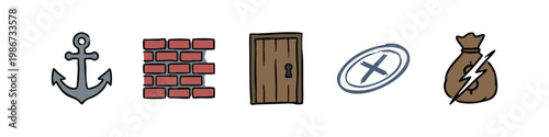 Maritime and Finance Icons: Anchor, Brick Wall, Door, X Mark, Money Bag