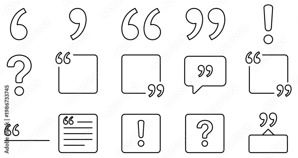 Obraz premium Large set of linear icons for text formatting: quotation marks, question and exclamation marks, text blocks, and quote frames. Minimalist interface and design elements. Vector illustration.