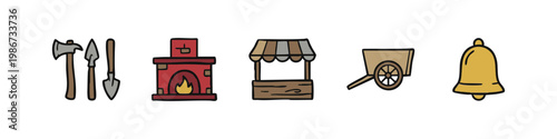 Set of 5 hand-drawn icons related to historical tools and household items.
