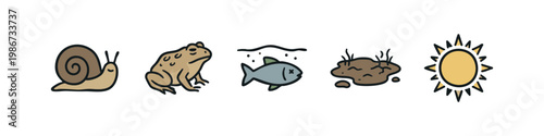 Five hand-drawn icons of small creatures, water, and earth.