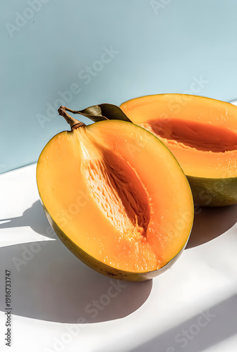 Halved Papayas with Seeds on Light Blue Background