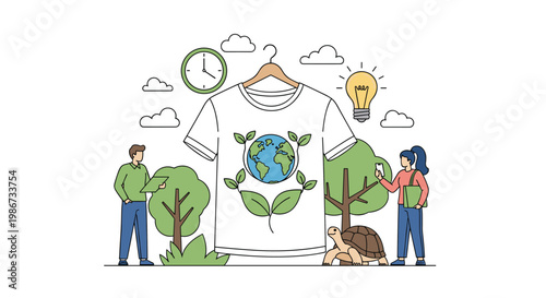 Sustainable fashion concept shows a t-shirt with an earth graphic surrounded by nature elements clock and lightbulb in a flat style.