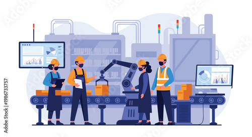 Modern industrial factory floor features workers in masks collaborating with a robotic arm on an automated conveyor belt system.