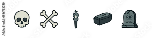 Halloween Icons: Skull, Crossbones, Torch, Coffin, Tombstone