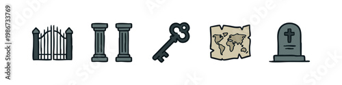 Gothic and Adventure Icons: Gate, Pillars, Key, Map, Tombstone