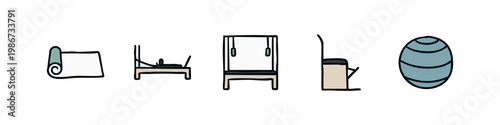 Pilates Equipment Icons: Mat, Reformer, Cadillac, Chair, Ball