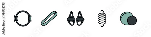 Pilates Accessories Icons: Ring, Band, Toe Shoes, Spring, Weights