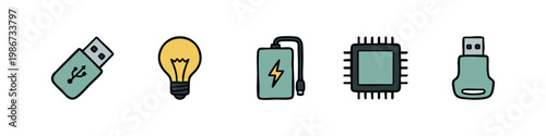 Technology and Connectivity Icons: USB, Lightbulb, Power Bank, CPU, USB Drive