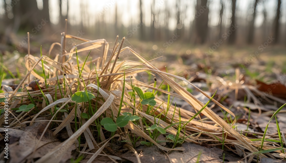 Fototapeta premium Close up of tall dry grass and green shoots in a forest floor representing natural tick habitats at the start of spring season for a healthcare awareness and safety concept