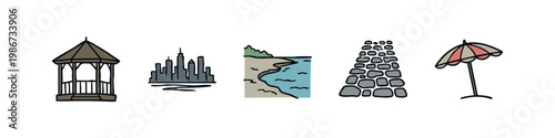 Set of 5 icons: gazebo, skyscrapers, beach, stone wall, umbrella