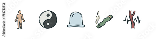 Set of 5 icons: human silhouette, yin yang, cupping glass, smoking herb, artery
