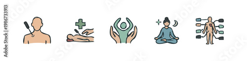 Set of 5 icons: acupuncture, massage, hands, meditation, body diagram
