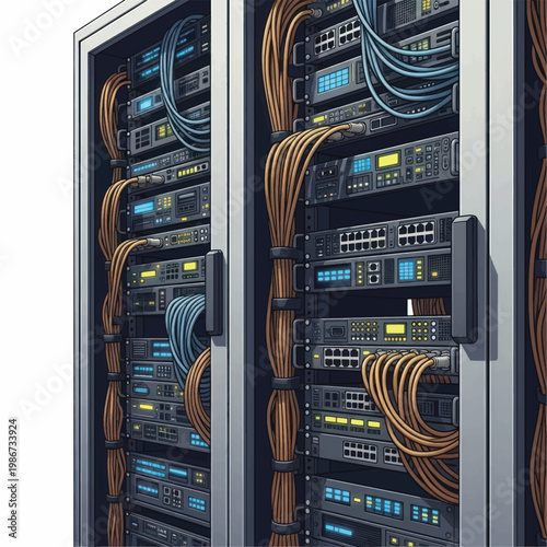 Rows of data center servers with illuminated network cables and organized racks.