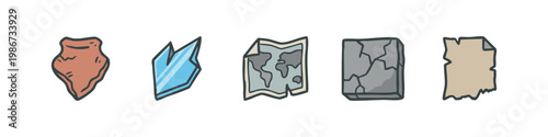 Set of 5 icons: arrowhead, broken glass, world map, cracked stone, torn paper (colored)