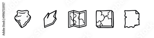 Set of 5 icons: arrowhead, broken glass, world map, cracked stone, torn paper (outline)