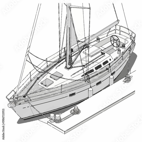 Detailed illustration of a sailboat on a trailer.