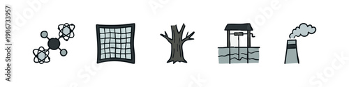 Set of 5 icons: molecules, grid, dead tree, well, smokestack