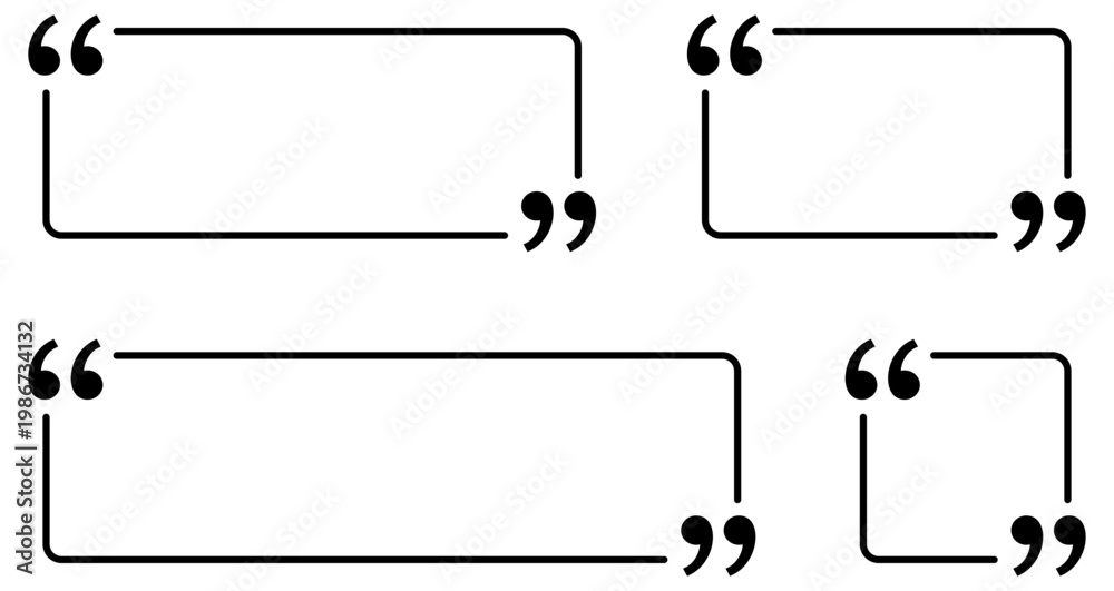 Obraz premium Set of linear quote frames in various sizes and formats with marks. Minimalist templates for testimonials, direct quotes, and text blocks. Vector illustration.