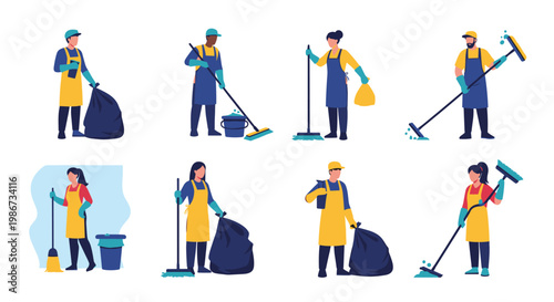 Diverse group of professional cleaners wearing aprons and gloves while performing various janitorial tasks with brooms and trash bags.