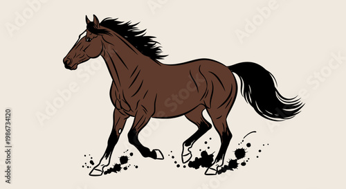 Majestic Brown Horse Galloping with Flowing Mane and Tail.