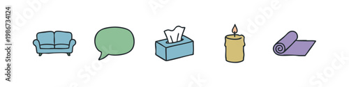 Icons: Sofa, Speech Bubble, Tissue Box, Candle, Yoga Mat