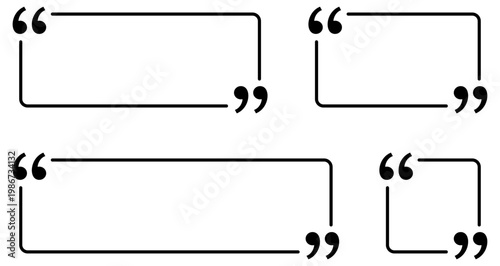 Set of linear quote frames in various sizes and formats with marks. Minimalist templates for testimonials, direct quotes, and text blocks. Vector illustration.