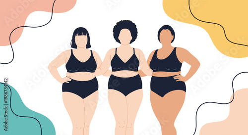 Group of diverse women in black underwear standing together to celebrate body positivity and self-love against a colorful background.