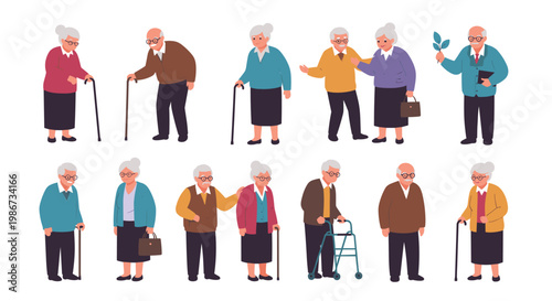 Collection of elderly people using various mobility aids like canes and walkers while interacting with each other in everyday scenes.