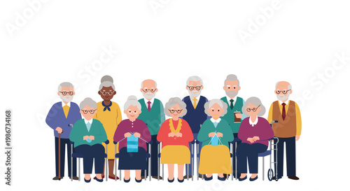 Large group of diverse elderly people including men and women standing and sitting together in a friendly community setting.