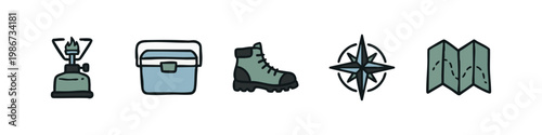 Outdoor Adventure Icons: Stove, Cooler, Boot, Compass, Map
