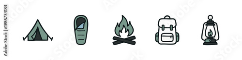 Camping Icons: Tent, Sleeping Bag, Bonfire, Backpack, Lantern