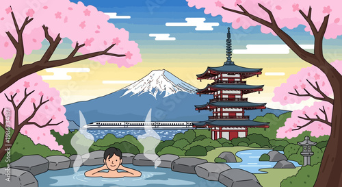 Man enjoying a relaxing hot spring bath in a serene outdoor setting.