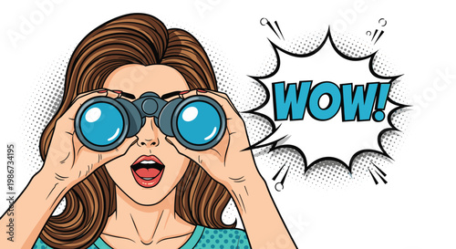Surprised woman looking through binoculars in a classic pop art style with a wow speech bubble and comic book dot patterns.