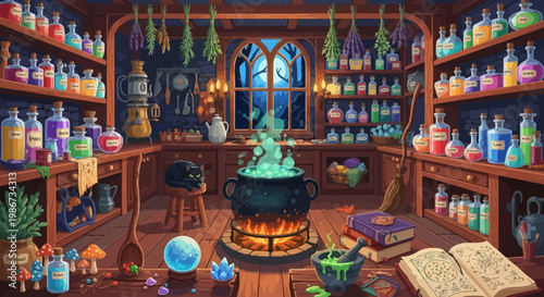 Mystical Cauldron Brewing Potion in a Witchs Alchemy Lab.