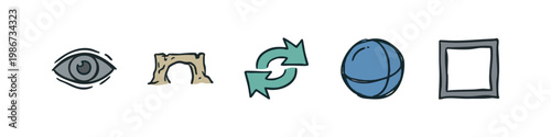 Group of five doodle icons: eye, archway, refresh arrows, sphere, and frame.